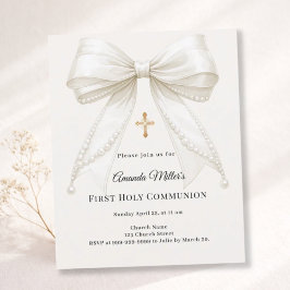Bow ivory pearls girl First Communion invitation