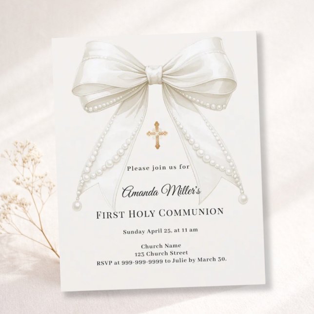 Bow ivory pearls girl First Communion invitation (クリエイターアップロード済み)