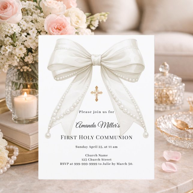 Bow ivory pearls girl First Communion invitation (クリエイターアップロード済み)
