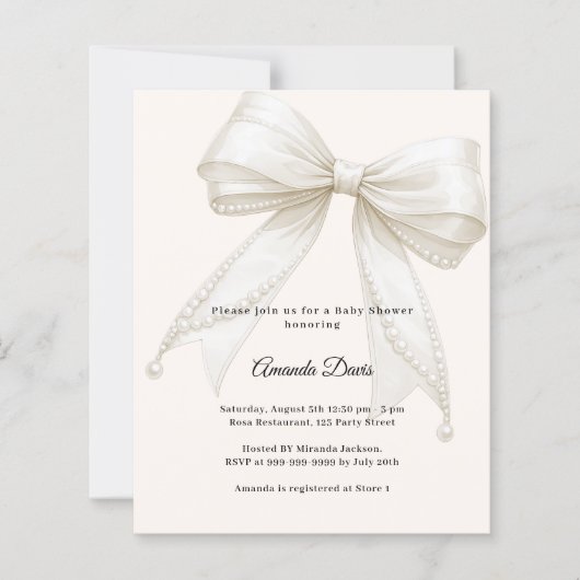 Bow ivory pearls luxury Baby Shower invitation (正面)