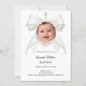 Bow Ivory Pearls Photo Girl Elegant Baptism 招待状 (正面)