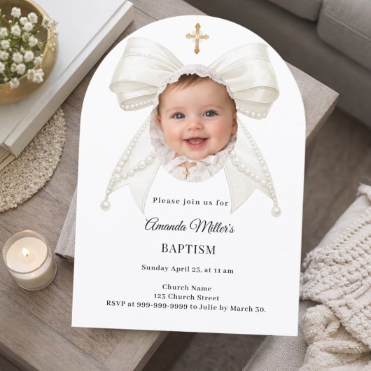 Bow Ivory Pearls Photo Girl Elegant Baptism Arch 招待状