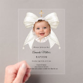 Bow Ivory Pearls Photo Girl luxury Baptism アクリル招待状 (インサイチュ (ポータブル))
