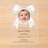 Bow Ivory Pearls Photo Girl luxury Baptism アクリル招待状 (正面)
