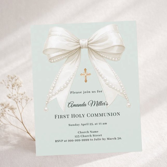 Bow ivory pearls sage First Communion invitation (クリエイターアップロード済み)