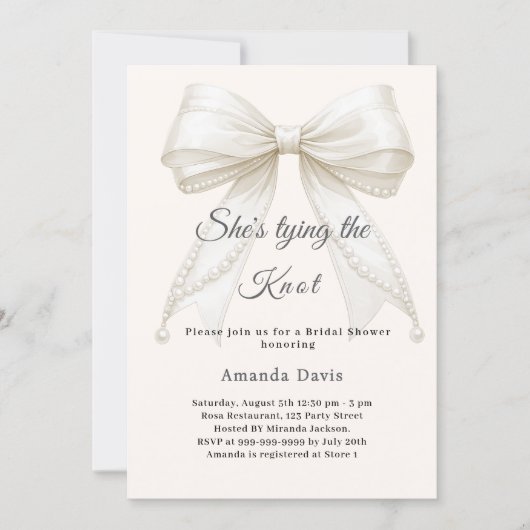 Bow ivory pearls tying the knot Bridal Shower 招待状 (正面)