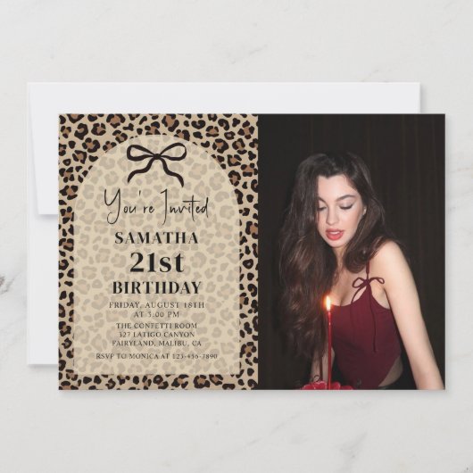 Bow Leopard Cheetah Birthday Photo Invitation 招待状 (正面)