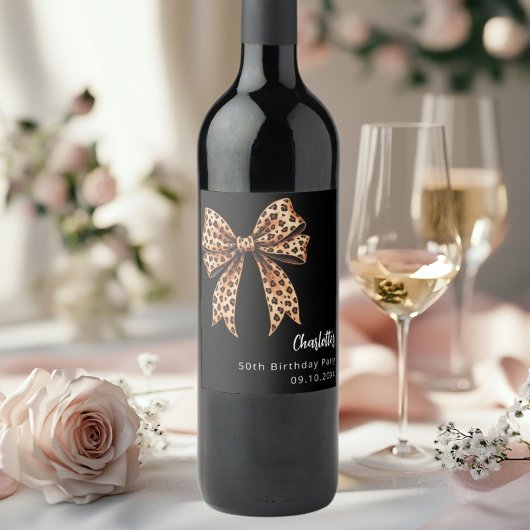 Bow leopard print黒い誕生日 ワインラベル