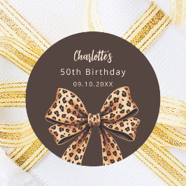 Bow leopard print bistre brown Birthday ラウンドシール