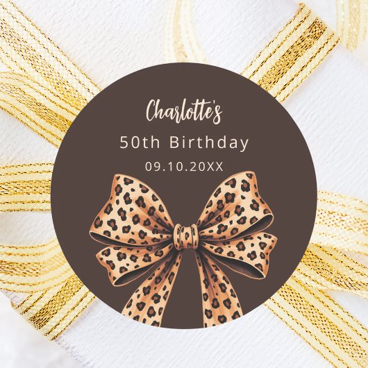 Bow leopard print bistre brown Birthday ラウンドシール