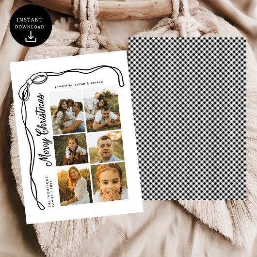 Bow Merry Christmas Family 6 Photos Plaid シーズンカード