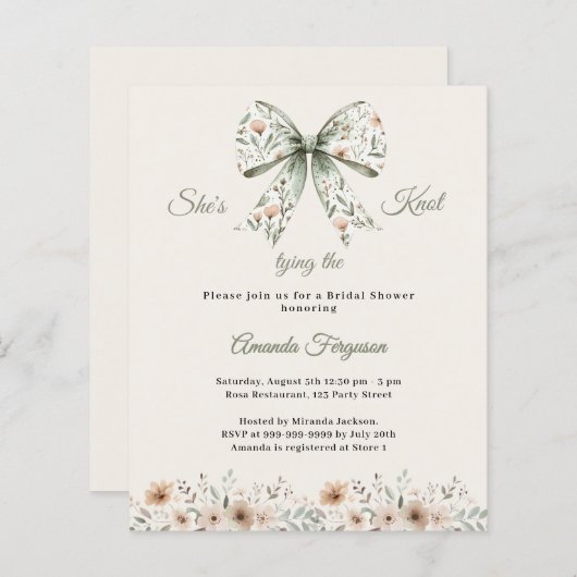 Bow neutral floral ivory Bridal Shower invitation (正面/裏面)