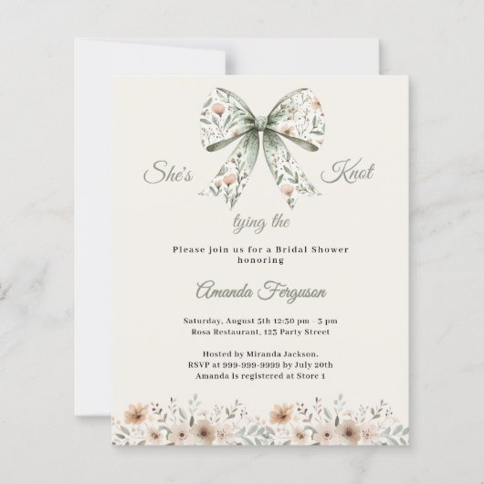Bow neutral floral ivory Bridal Shower invitation (正面)