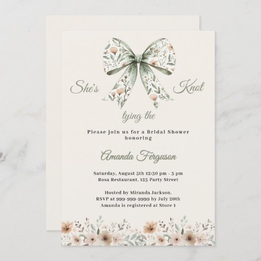 Bow neutral florals green ivory knot Bridal Shower 招待状 (正面/裏面)