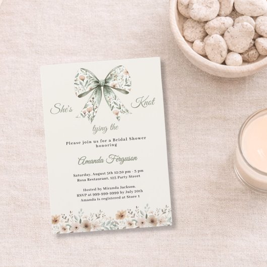 Bow neutral florals green ivory knot Bridal Shower 招待状