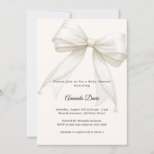 Bow neutral ivory pearls luxury Baby Shower 招待状 (正面)