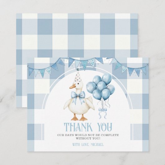 Bow One Silly Goose 1st Birthday Blue Gingham サンキューカード (正面/裏面)