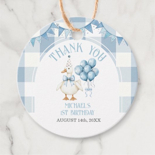 Bow One Silly Goose 1st Birthday Blue Gingham フェイバータグ (正面)
