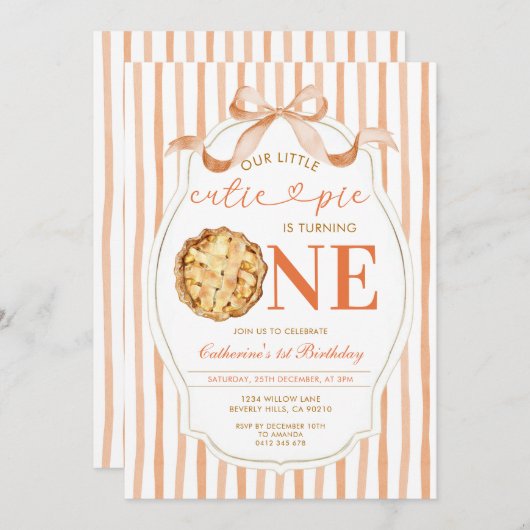 Bow Our Little Cutie Pie Fall Stripes 1st Birthday 招待状 (正面/裏面)