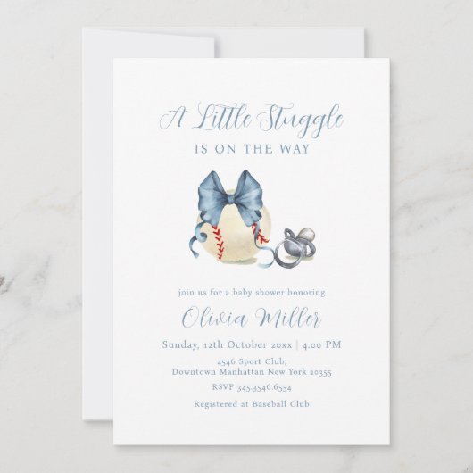 Bow Pacifier Baseball Sport Baby Shower 招待状 (正面)