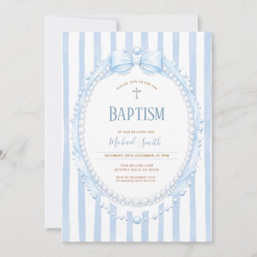Bow & Pearl Oval Christening for Boy 招待状 (正面)