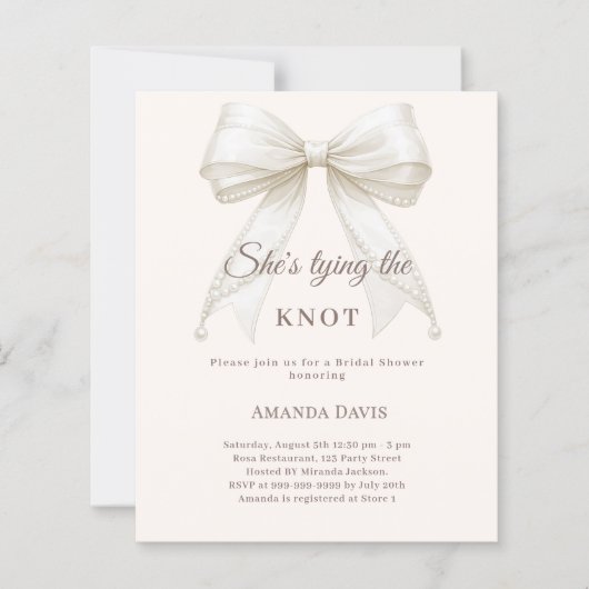 Bow pearls ivory knot Bridal Shower invitation (正面)