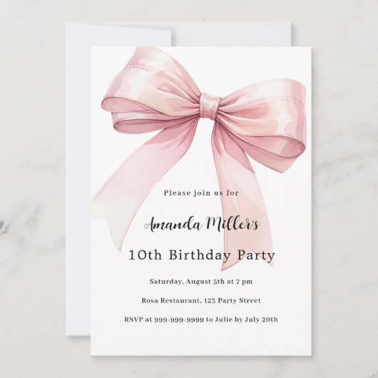 Bow pink coquette girl birthday 招待状 (正面)