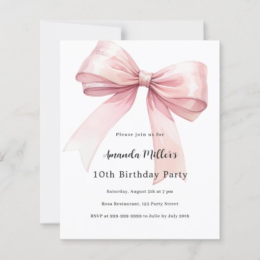 Bow pink coquette girl birthday invitation (正面)