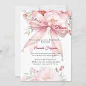 Bow pink flowers baby in bloom girl Baby Shower 招待状 (正面)