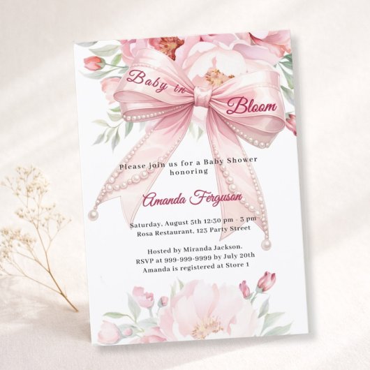 Bow pink flowers baby in bloom girl Baby Shower 招待状