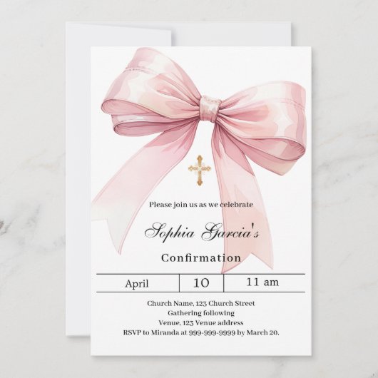 Bow pink girl Confirmation 招待状 (正面)