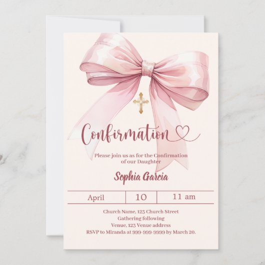Bow pink girl cream elegant Confirmation 招待状 (正面)