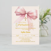 Bow pink girl cream luxury gold First Communion 箔招待状 (立ち正面)