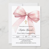 Bow pink girl First Communion 招待状 (正面)