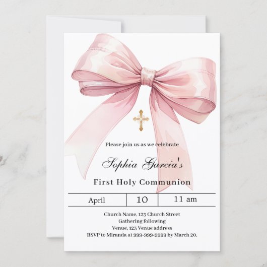 Bow pink girl First Communion 招待状 (正面)