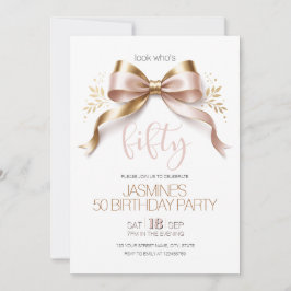 Bow Pink Gold Modern Elegant 50 Birthday 招待状