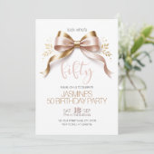Bow Pink Gold Modern Elegant 50 Birthday 招待状 (スタンド正面)