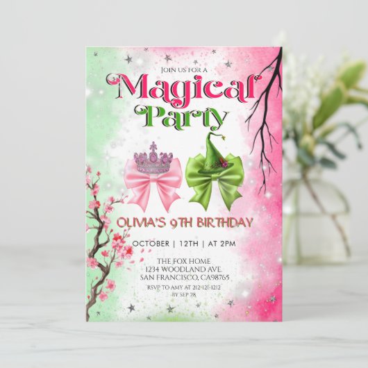 Bow pink & green Magical Witchy Birthday 招待状 (スタンド正面)