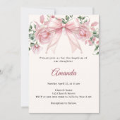 Bow Pink Ivory Florals Girl Elegant Baptism 招待状 (正面)