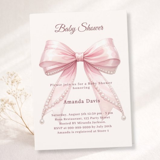 Bow pink ivory pearls elegant girl Baby Shower 招待状