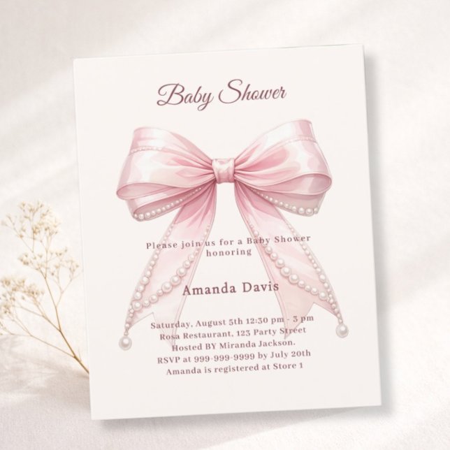 Bow pink ivory pearls girl Baby Shower invitation (クリエイターアップロード済み)