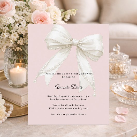 Bow pink ivory pearls girl Baby Shower invitation