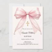 Bow Pink Ivory Pearls Girl Elegant Baptism 招待状 (正面)