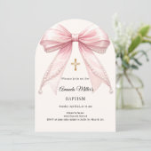 Bow Pink Ivory Pearls Girl Elegant Baptism Arch 招待状 (スタンド正面)