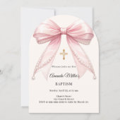 Bow Pink Ivory Pearls Girl Elegant Baptism Arch 招待状 (正面)