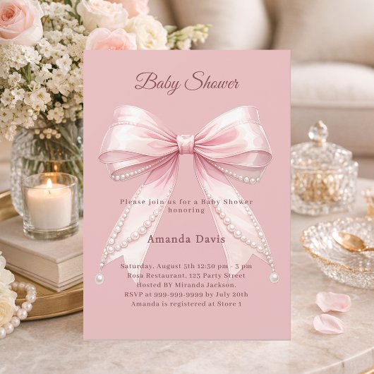 Bow pink pearls elegant girl Baby Shower 招待状