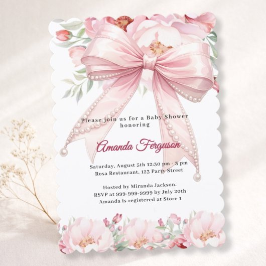 Bow pink pearls florals girl elegant Baby Shower 招待状