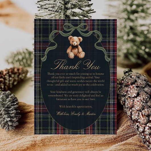 Bow Plaid Teddy Bear Baby Shower Thank You Card サンキューカード