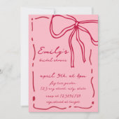 Bow Quirky Hand Drawn Red Pink Bridal Shower 招待状 (正面)