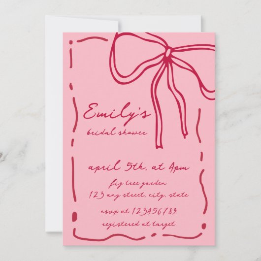 Bow Quirky Hand Drawn Red Pink Bridal Shower 招待状 (正面)